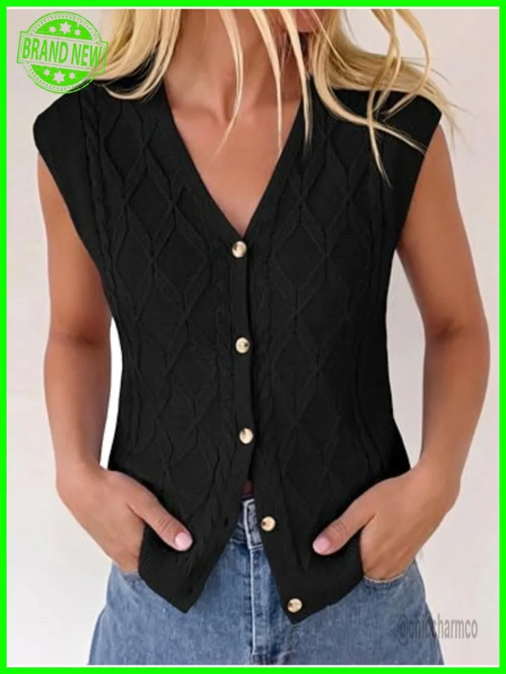V-Neck Cap Sleeve Cable Knit Button Vest Sweater - Lightweight Loose Fit